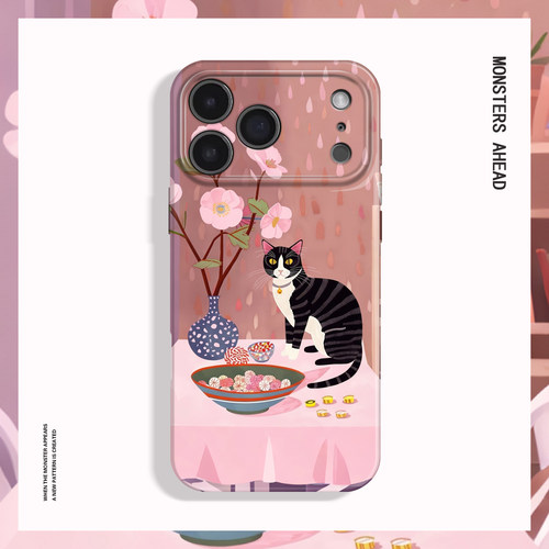 复古插画粉调条纹猫咪适用苹果18 17 15 14 13 12 11手机壳nova16华为mate80 p70 60 50 40 30一加15T红米K90