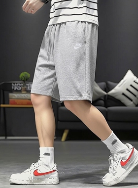 Nike耐克针织纯棉运动裤男士短裤新款五分裤刺绣标裤子灰色休闲裤