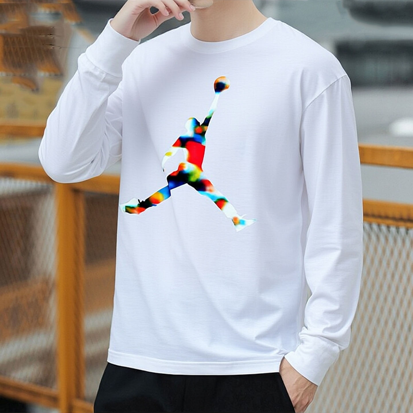 NIKE耐克圆领T恤男装白色纯棉Jordan运动跑步训练圆领长袖套头衫