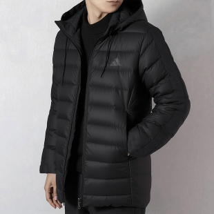 阿迪达斯轻薄羽绒服男冬季新款中长款鸭绒三条杠黑色加厚拒水外套