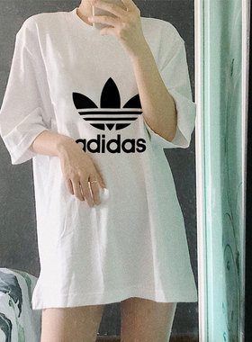 阿迪达斯三叶草短袖女夏季新款透气大LOGO宽松大码纯棉T恤H06644