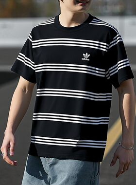 阿迪达斯三叶草纯棉短袖男t恤夏季新款篮球美式复古大码条纹半袖