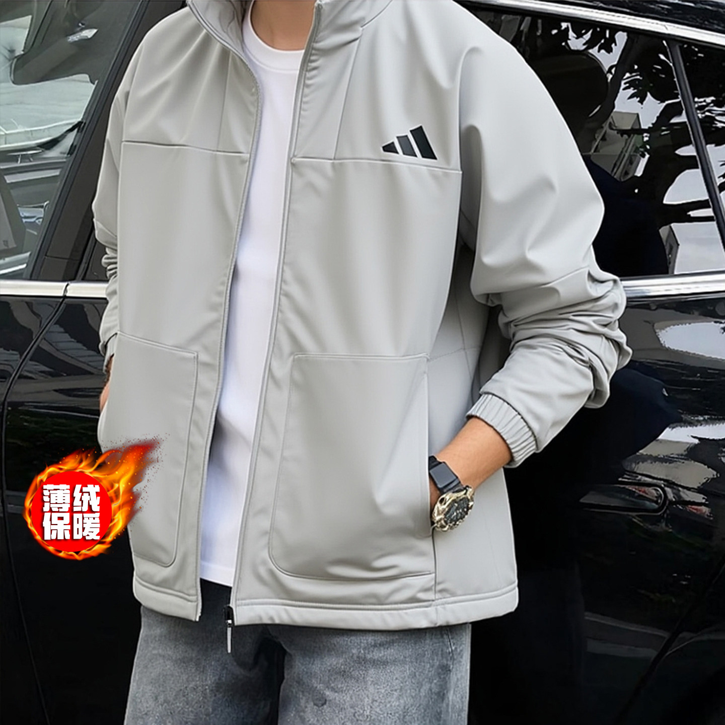 阿迪达斯加绒夹克男冬季新款灰色抓绒防风衣立领拒水男士运动外套