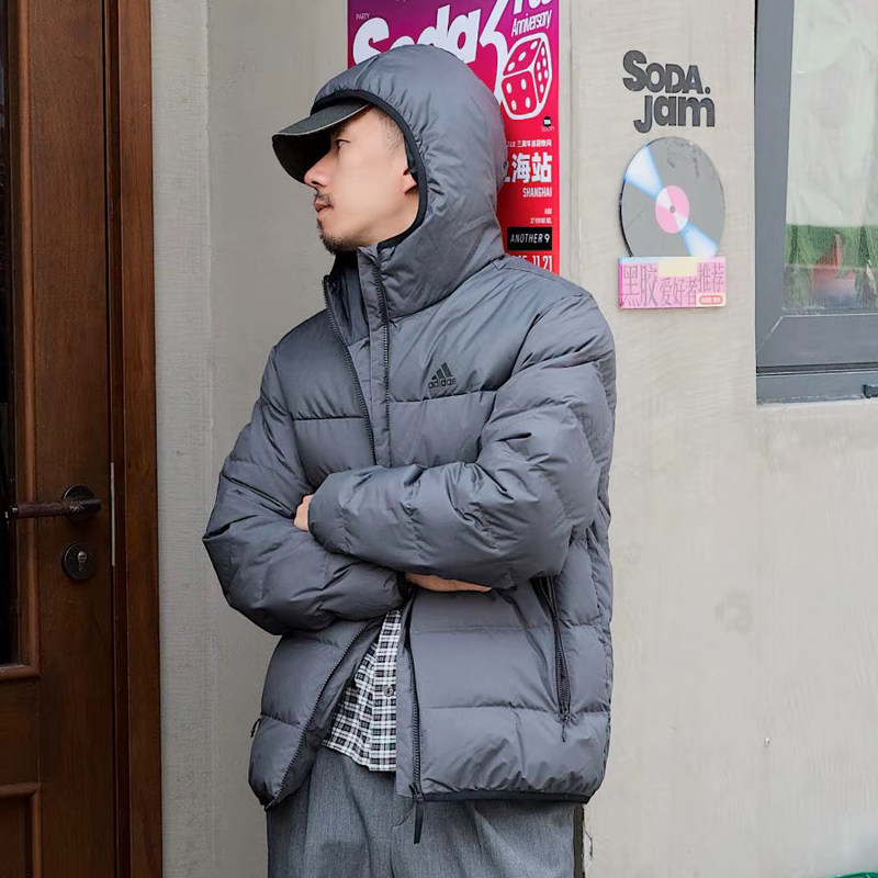 阿迪达斯羽绒服男装冬季新款灰色鸭绒服防风连帽加厚外套JW6776