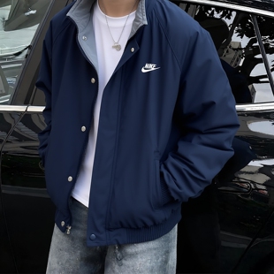 藏蓝色外套Nike耐克男子运动夹克厚款加绒上衣冬季新款立领休闲装