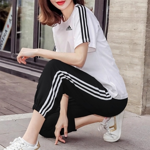 阿迪达斯休闲套装女2026夏季新款运动服宽松短袖透气九分裤中长裤