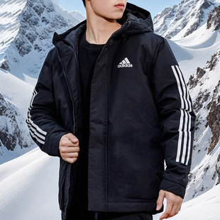 阿迪达斯棉袄男冬季新款连帽三条杠外套男士户外运动防风衣棉服男