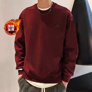 阿迪达斯红色卫衣男装冬季新款新年圆领打底宽松上衣运动服JM9095