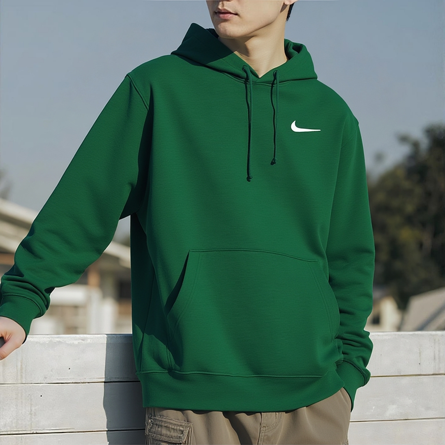 Nike耐克绿色连帽卫衣男子针织套头衫秋季新款上衣防风运动装外套