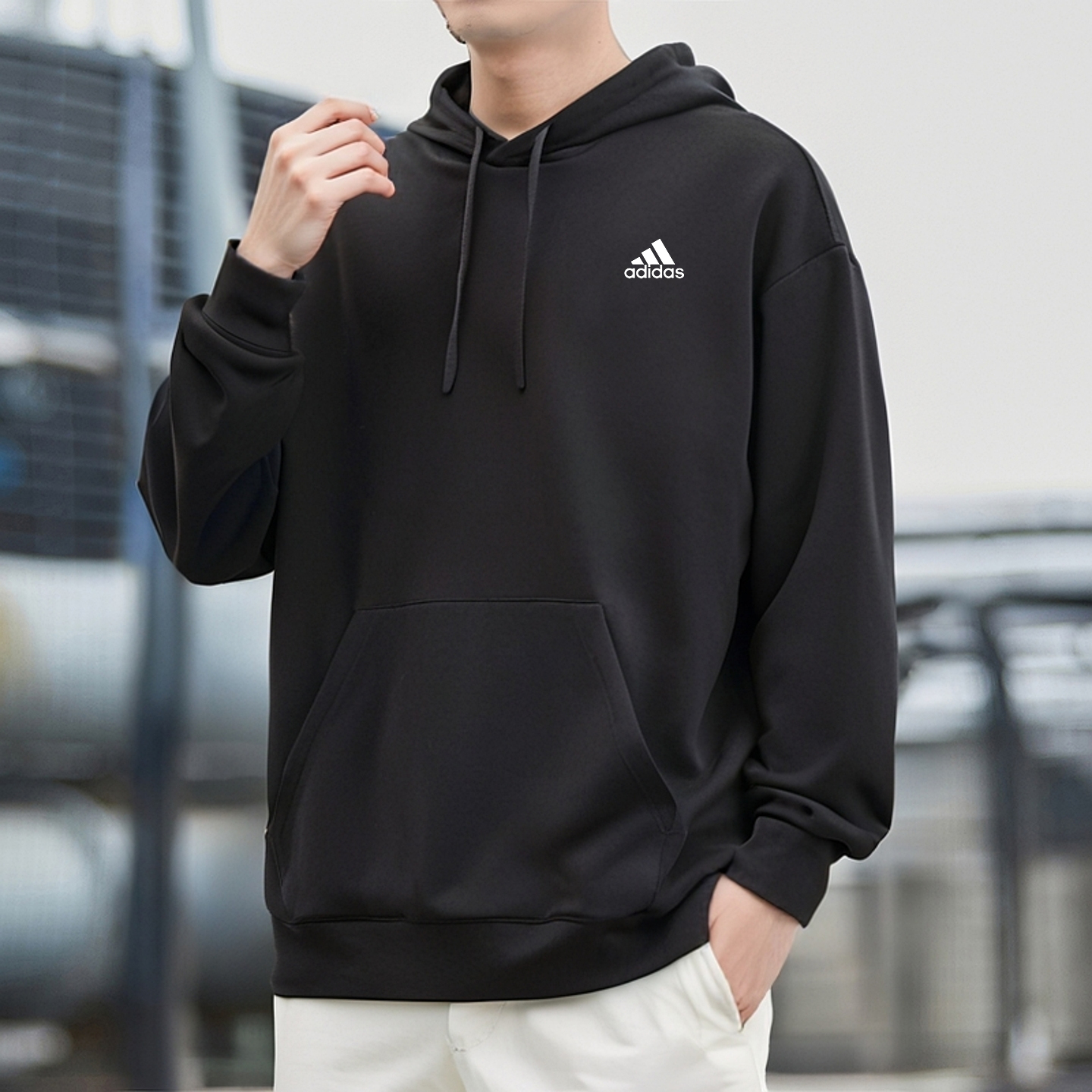 阿迪达斯纯色连帽卫衣男新款春秋宽松重磅运动休闲服男士帽衫外套