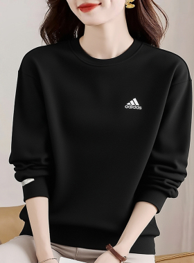 阿迪达斯卫衣女秋季新款保暖圆领黑色打底衫宽松大码运动服套头衫
