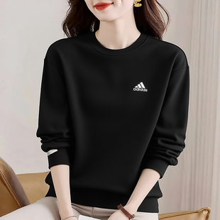 阿迪达斯卫衣女秋季新款保暖圆领黑色打底衫宽松大码运动服套头衫