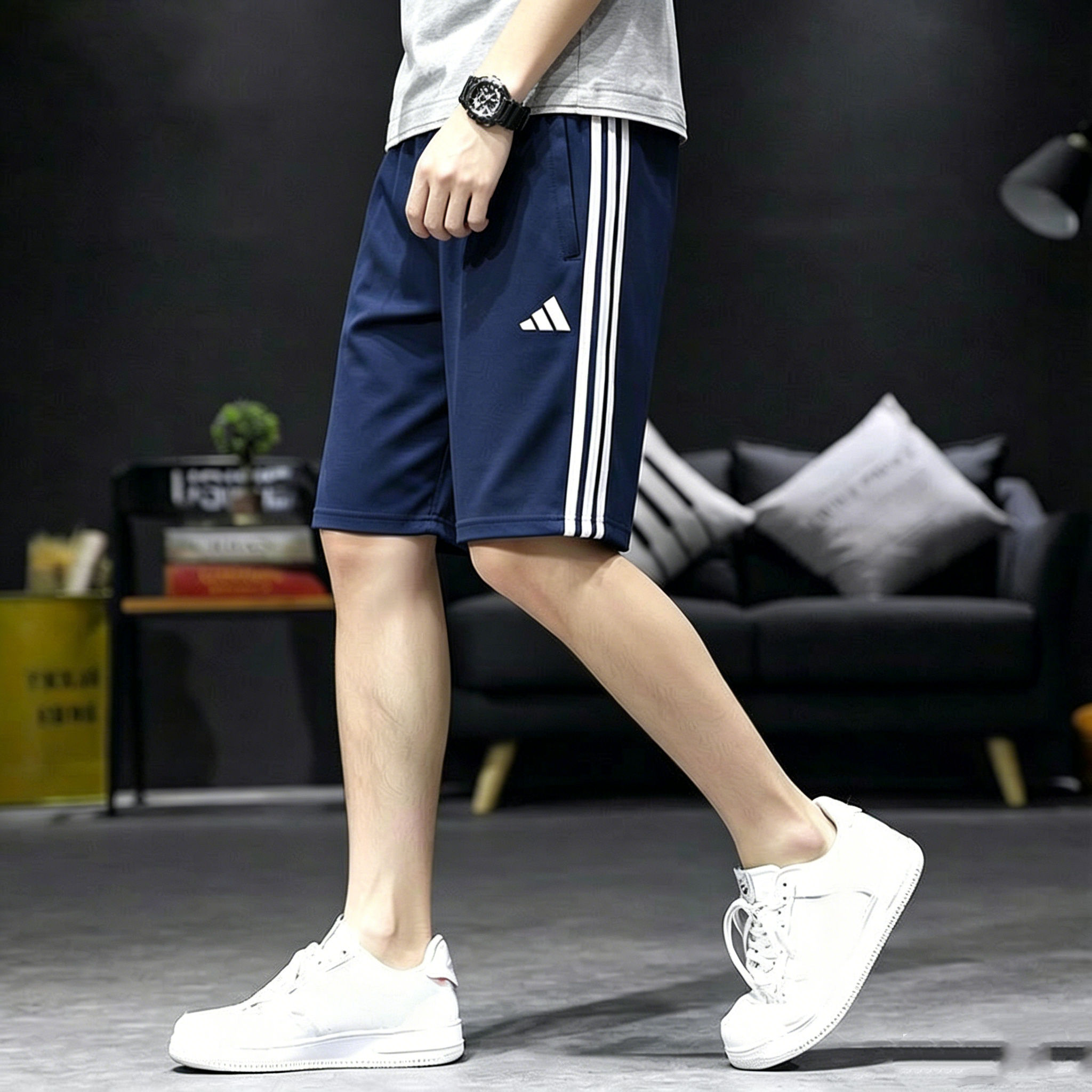 阿迪达斯纯色短裤男夏季速干梭织运动透气蓝色男士新款休闲五分裤