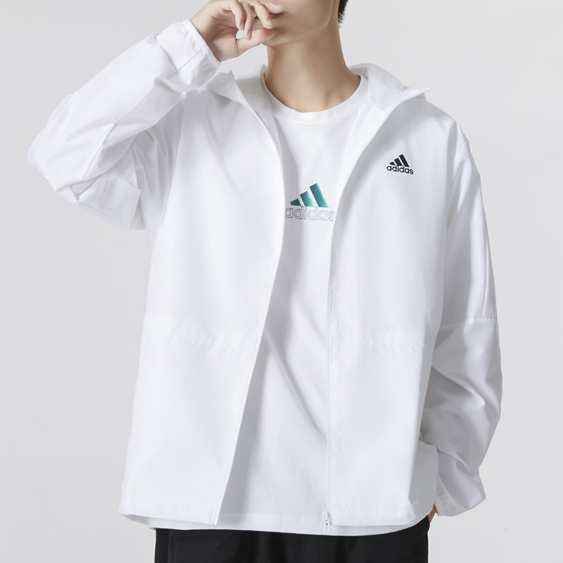 Adidas阿迪达斯外套男运动训练服薄款防晒服梭织白色夹克HM2977