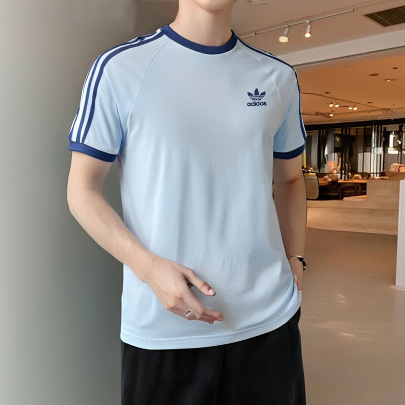 阿迪达斯蓝色三叶草短袖男新款运动半袖体恤透气棉质圆领短袖T恤