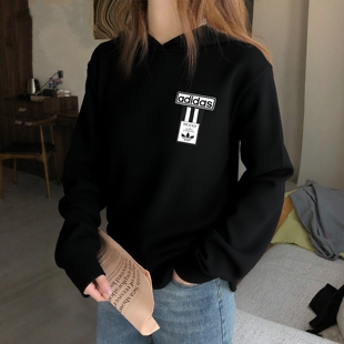 阿迪达斯卫衣女装秋款三叶草运动服针织学生连帽套头衫时尚上衣