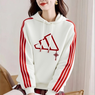 阿迪达斯卫衣女新年款连帽套头衫宽松运动服休闲针织上衣JZ1638