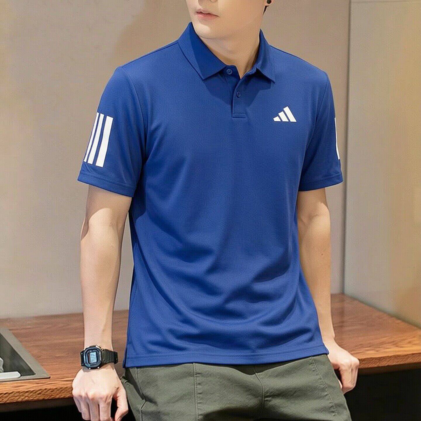 阿迪达斯男子新款速干透气网球运动休闲服蓝色短袖薄款翻领Polo衫