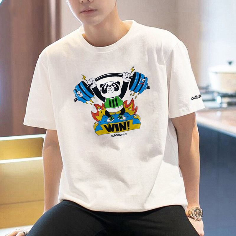 阿迪达斯白色T恤男夏季新款熊猫印花半袖宽松篮球运动短袖HC3828