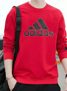 阿迪达斯红色卫衣男2024秋季新款运动服休闲长袖套头衫外套HZ3025