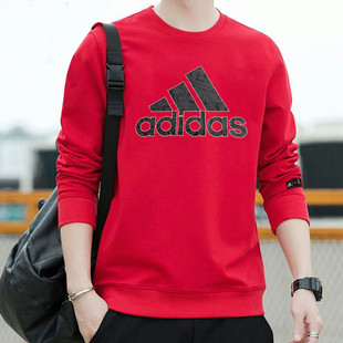 阿迪达斯红色卫衣男2024秋季新款运动服休闲长袖套头衫外套HZ3025