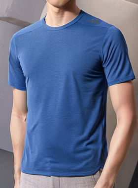 阿迪达斯短袖男夏季新款蓝色速干健身衣冰丝透气运动T恤男HS7461