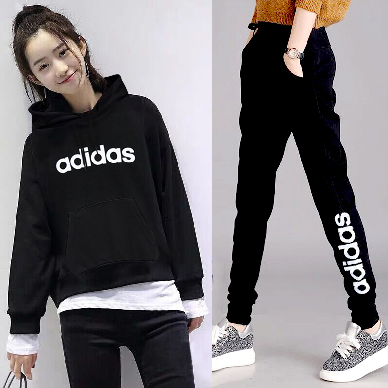 Adidas阿迪达斯运动套装女2023秋季新款连帽卫衣套头衫休闲服长裤-封面