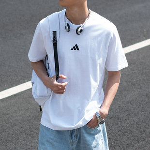 夏季 简约纯色篮球短袖 新款 美式 纯棉圆领半袖 阿迪达斯白色T恤男装