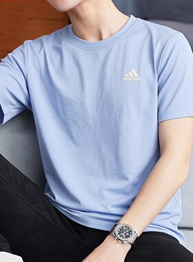 adidas阿迪达斯蓝色短袖男夏季新款纯棉宽松运动体恤男士纯色T恤
