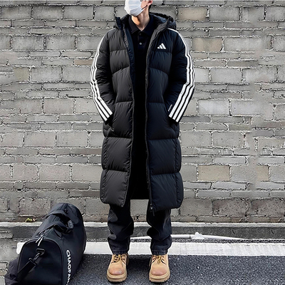 阿迪达斯长款羽绒服男冬季新款黑色面包服宽松美式三条杠拒水大衣