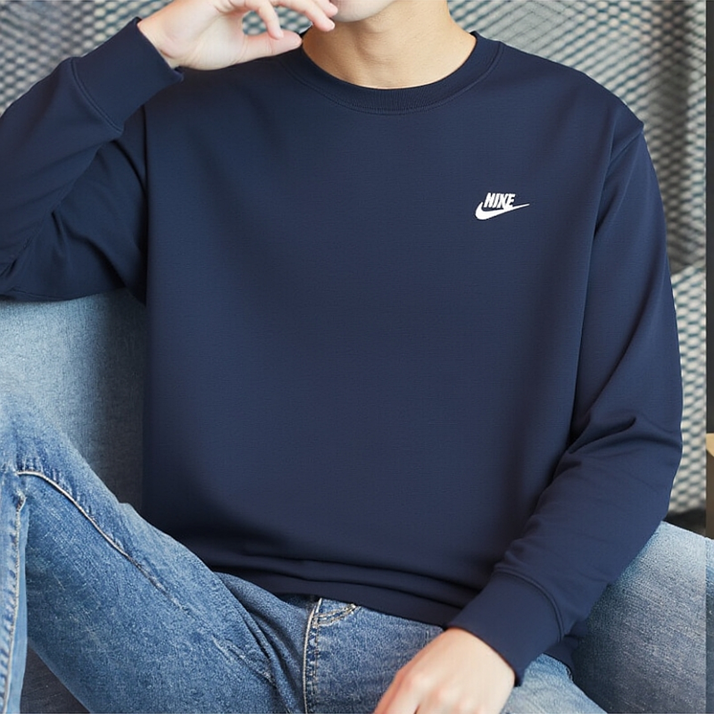 Nike耐克正品藏蓝色卫衣男子圆领上衣针织套头衫秋季新款运动外套