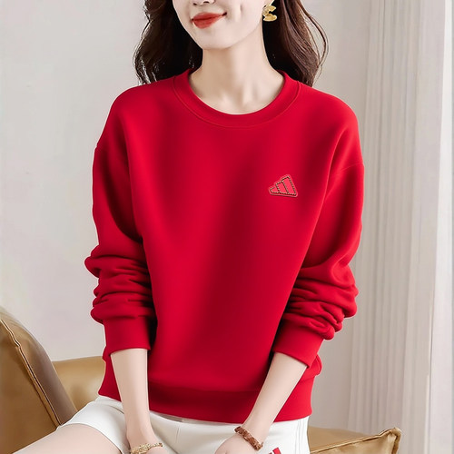 阿迪达斯红色卫衣女装春季新年款宽松美式复古上衣运动套头打底衫