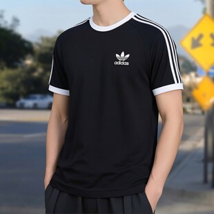 三条杠校园风半袖 新款 纯棉透气体恤黑白男T恤 男夏季 阿迪达斯短袖