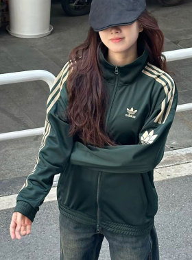 阿迪达斯三叶草外套女春季新款透气美式宽松上衣绿色复古棒球开衫