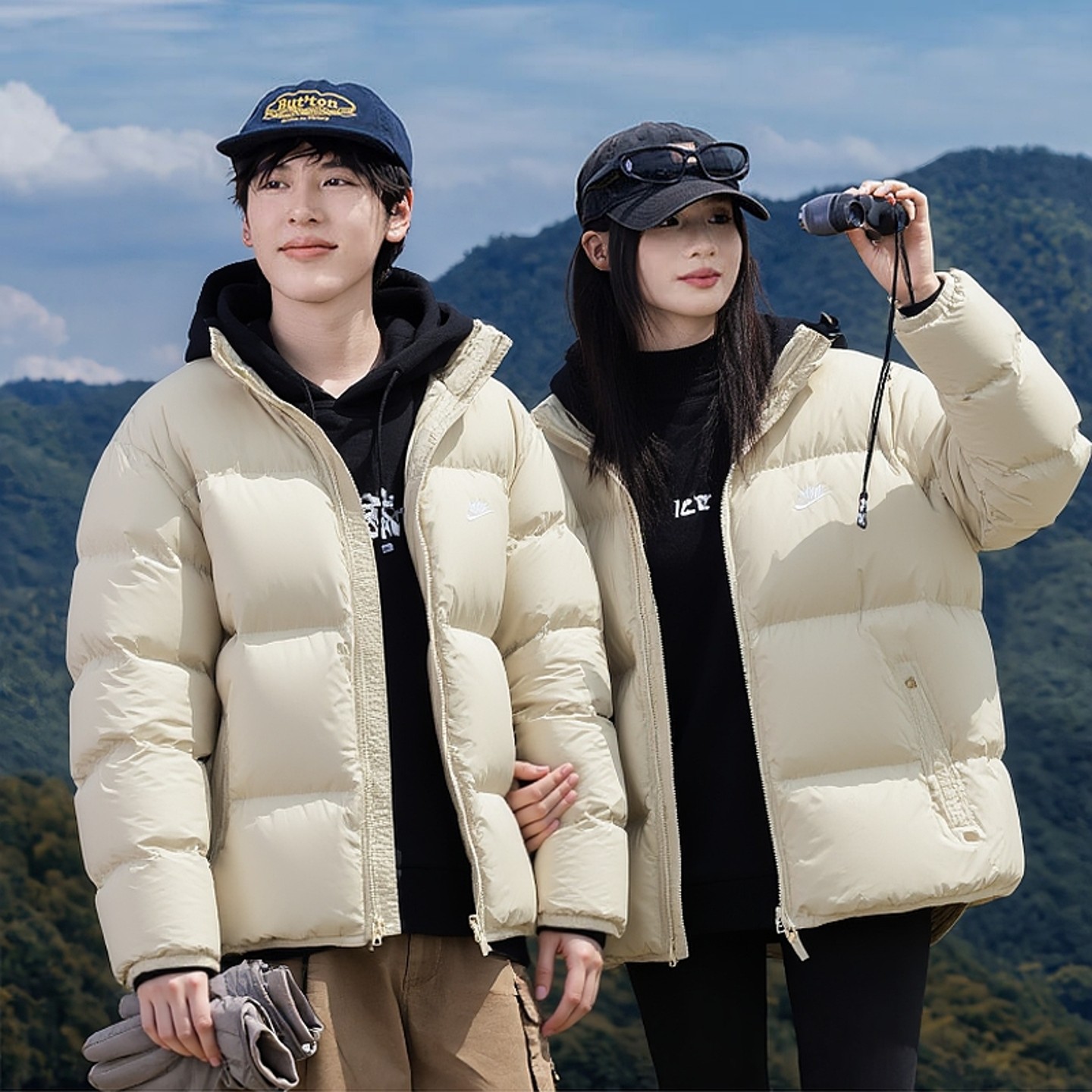 Nike耐克鸭绒羽绒服情侣装男女款加绒防风立领运动外套面包服夹克