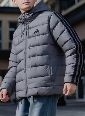 阿迪达斯灰色加厚外套男冬新款连帽排骨防风运动棉服男棉袄JX7772