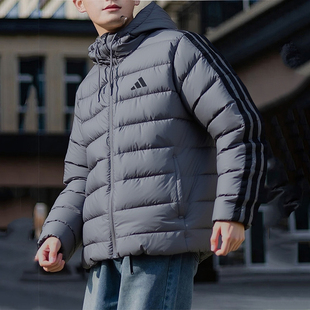 阿迪达斯灰色加厚外套男冬新款连帽排骨防风运动棉服男棉袄JX7772