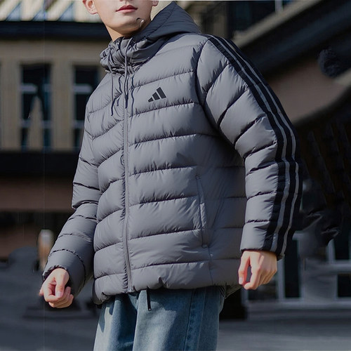 阿迪达斯灰色加厚外套男冬新款连帽排骨防风运动棉服男棉袄JX7772