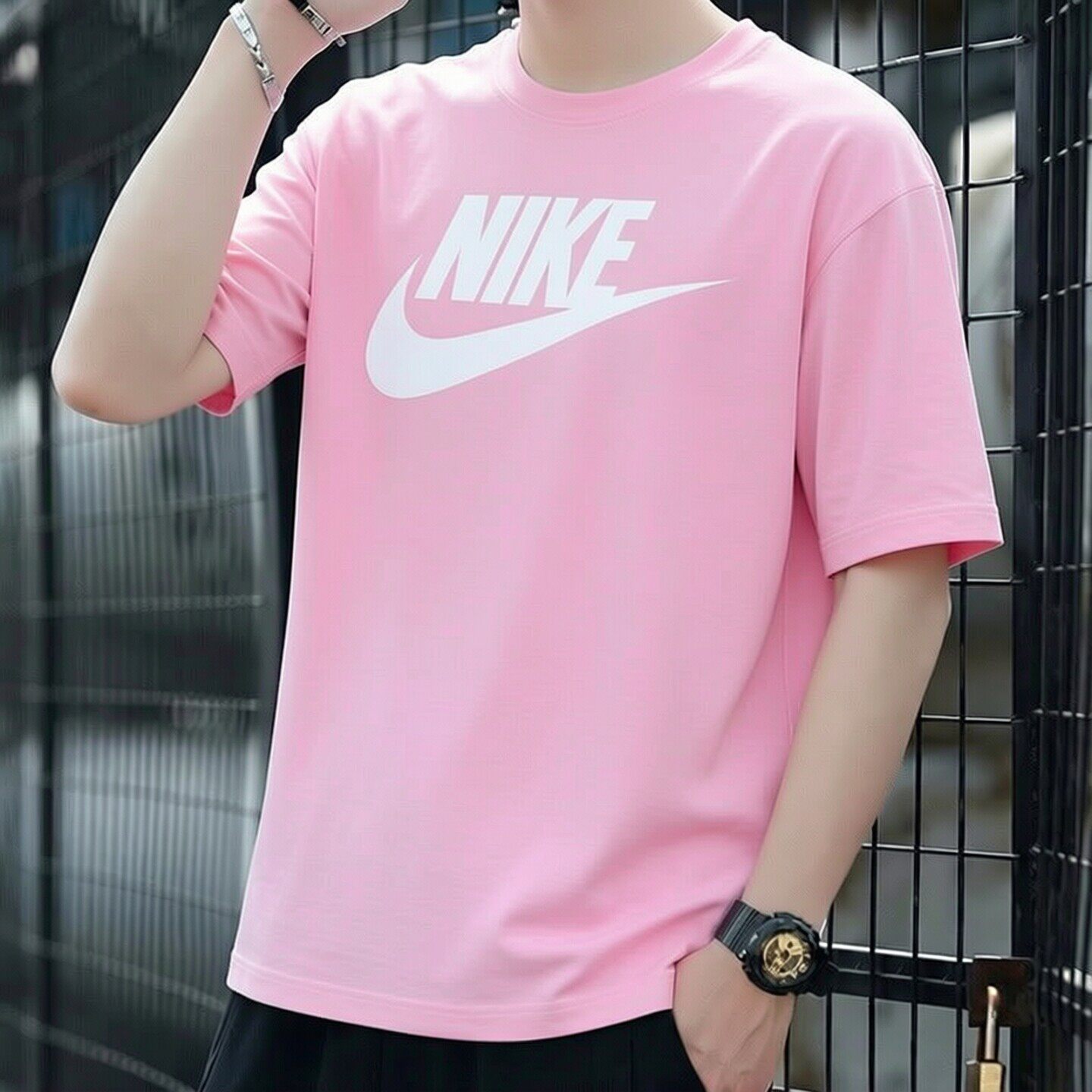 Nike耐克粉色印花T恤夏季新款纯棉短袖男子宽松运动装健身服上衣