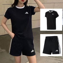 阿迪达斯两件套女夏季新款纯棉T恤美式复古短裤校园风短袖套装女