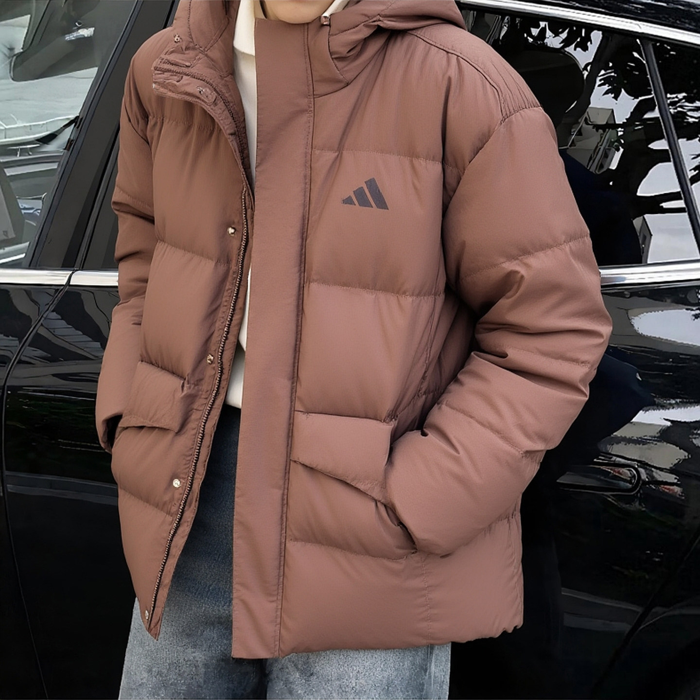 阿迪达斯羽绒服男冬季新款连帽美式棕色宽松厚外套字母拒水面包服