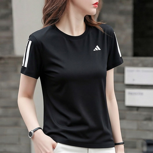阿迪达斯纯色短袖女夏季新款速干透气冰丝运动服瑜伽跑步健身T恤