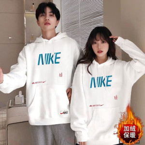 NIKE耐克白色卫衣女装加绒加厚款保暖套头衫运动服连帽长袖DM2395