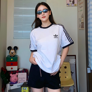 阿迪达斯三叶草jennie同款短袖女夏季新款美式宽松纯棉三条杠T恤