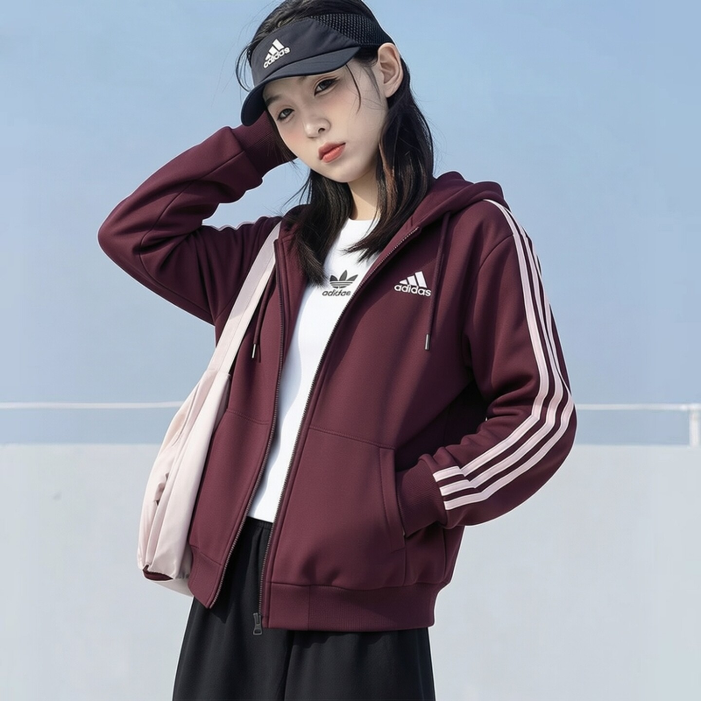 阿迪达斯外套女秋季新款针织复古三条纹酒红连帽防风棒球修身上衣
