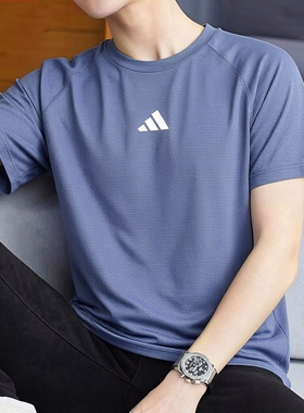 阿迪达斯短袖男夏季新宽松蓝色训练半袖健身速干运动凉感冰丝T恤
