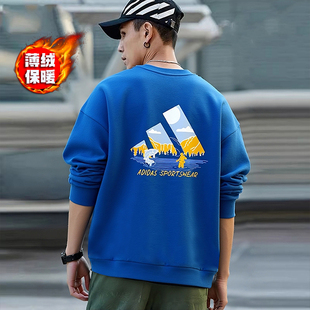阿迪达斯美式卫衣男冬季新款印花宽松运动篮球圆领上衣加绒套头衫