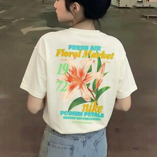 Nike耐克宽松大码五分袖女子纯棉短袖潮流印花T恤新款透气运动装