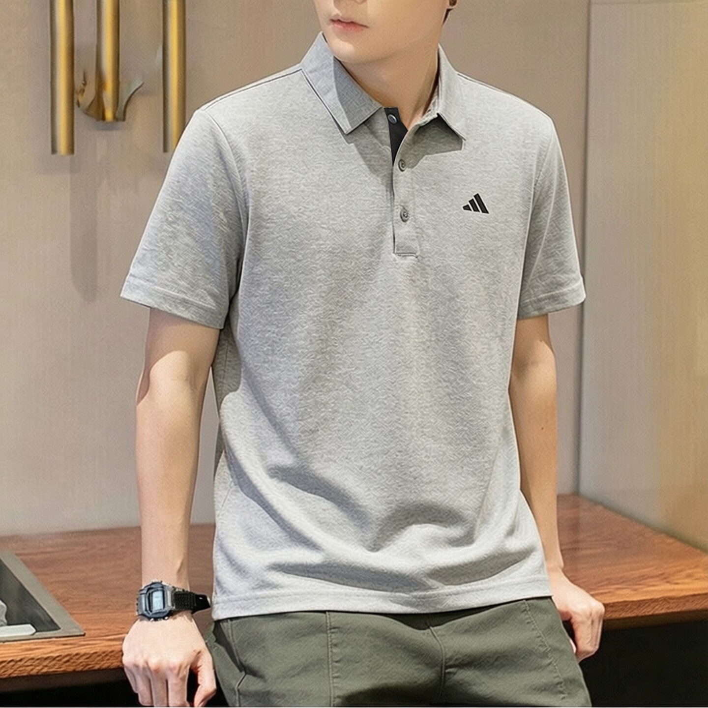 阿迪达斯短袖男灰色polo衫夏季透气纯色新款宽松翻领上衣男士T恤