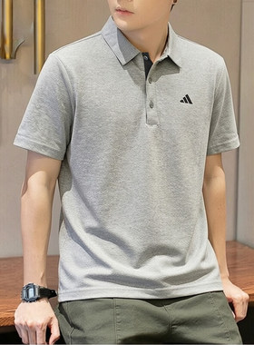 阿迪达斯短袖男灰色polo衫夏季透气纯色新款宽松翻领上衣男士T恤